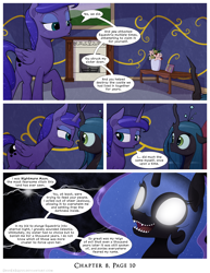 Size: 1200x1552 | Tagged: safe, artist:deusexequus, nightmare moon, princess luna, queen chrysalis, alicorn, changeling, changeling queen, pony, comic:fix, g4, comic, dialogue, fangs, female, frown, glowing, glowing eyes, grammar error, mare, nightmare moon glamour, open mouth, open smile, smiling, speech bubble, talking
