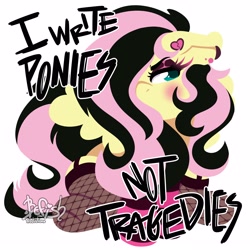 Size: 3000x3000 | Tagged: safe, artist:befishproductions, fluttershy, pegasus, pony, g4, alternate hairstyle, blushing, cute, dialogue, ear piercing, earring, emoshy, female, fishnet stockings, hair over one eye, high res, i write sins not tragedies, jewelry, looking at you, mare, multicolored hair, piercing, shyabetes, signature, simple background, solo