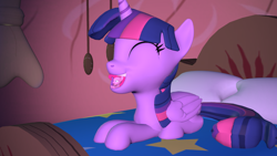 Size: 1280x720 | Tagged: safe, artist:mrl1, pinkie pie, twilight sparkle, alicorn, earth pony, pony, unicorn, g4, 3d, bed, bedroom, duo, duo female, female, golden oaks library, pinkie prey, twilight sparkle (alicorn), twipred, vore