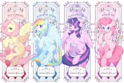 Size: 3276x2220 | Tagged: safe, artist:leafywind, fluttershy, pinkie pie, rainbow dash, twilight sparkle, alicorn, earth pony, pegasus, pony, :p, blushing, card, chest fluff, colored pupils, cute, dashabetes, diapinkes, ear fluff, eye clipping through hair, eyebrows, eyebrows visible through hair, female, group, high res, mare, open mouth, open smile, partially open wings, quartet, shyabetes, smiling, spread wings, tongue out, twiabetes, twilight sparkle (alicorn), wings