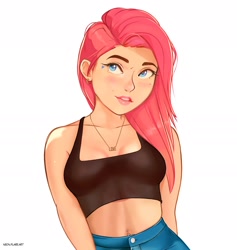 Size: 1782x1876 | Tagged: safe, artist:noah-x3, oc, oc only, oc:neon flare, human, belly button, belly piercing, bra, breasts, clothes, crop top bra, denim, eyebrows, female, human oc, humanized, humanized oc, jeans, looking at you, not fluttershy, pants, piercing, pink hair, simple background, solo, underwear, white background