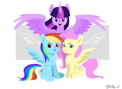 Size: 1129x827 | Tagged: safe, artist:efuji_d, fluttershy, rainbow dash, twilight sparkle, alicorn, pegasus, pony, g4, female, looking at you, mare, smiling, smiling at you, spread wings, trio, twilight sparkle (alicorn), wings