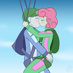 Size: 1280x1280 | Tagged: safe, artist:phallen1, oc, oc only, oc:software patch, oc:windcatcher, human, equestria girls, g4, carrying, clothes, duo, equestria girls-ified, face to face, female, jumpsuit, kissing, male, oc x oc, parachute, shipping, skydiving, straight, windpatch