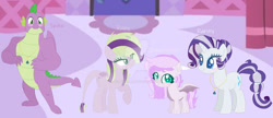 Size: 1280x555 | Tagged: safe, artist:teafor2-d, rarity, spike, oc, oc:jewel heart, oc:ruby, dracony, hybrid, pony, unicorn, g4, base used, carousel boutique, deviantart watermark, family, female, filly, foal, gigachad spike, interspecies offspring, male, mare, obtrusive watermark, offspring, older, older spike, parent:rarity, parent:spike, parents:sparity, ship:sparity, shipping, straight, watermark