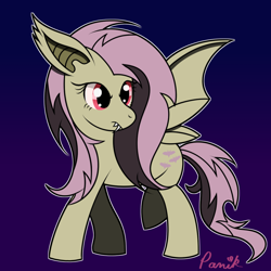 Size: 1000x1000 | Tagged: safe, artist:allpaniknodisco, fluttershy, bat pony, pony, g4, bat ponified, fangs, female, flutterbat, mare, purple background, race swap, red eyes, signature, simple background, solo