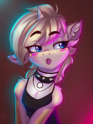 Size: 1200x1600 | Tagged: safe, artist:falafeljake, oc, oc only, pony, unicorn, blushing, choker, clothes, collar, eye clipping through hair, eyebrows, eyebrows visible through hair, solo, spiked collar, tank top, teasing, tongue out