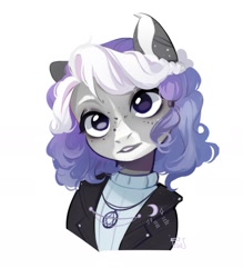 Size: 1332x1524 | Tagged: safe, artist:fedos, oc, oc only, earth pony, pony, blaze (coat marking), clothes, coat markings, facial markings, female, jacket, jewelry, leather jacket, necklace, simple background, solo, star of david, sweater, white background