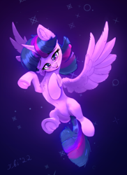 Size: 1920x2638 | Tagged: safe, artist:xbi, twilight sparkle, alicorn, pony, g4, abstract background, belly, belly button, belly fluff, chest fluff, concave belly, ear fluff, female, flying, frog (hoof), gradient background, looking at you, mare, slender, solo, spread wings, thin, twilight sparkle (alicorn), underhoof, wing fluff, wings