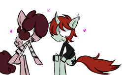 Size: 1088x665 | Tagged: safe, artist:alandisc, oc, oc only, oc:alansin, oc:mxmx, bat pony, bat pony unicorn, hybrid, pegasus, unicorn, anthro, anthro oc, clothes, duo, duo male, ear tufts, fangs, hair over one eye, heart, horn, in love, looking at each other, looking at someone, male, oc x oc, shipping, shirt, simple background, sitting, striped shirt, talking, white background