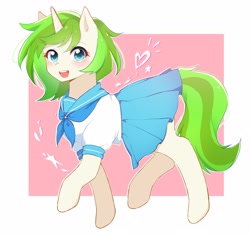 Size: 3200x3000 | Tagged: safe, anonymous artist, oc, oc only, oc:vinyl mix, pony, unicorn, abstract background, clothes, female, heart, high res, looking at you, pleated skirt, sailor uniform, skirt, smiling, solo, uniform