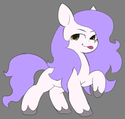 Size: 881x837 | Tagged: safe, artist:jennithedragon, oc, oc only, oc:mockery, earth pony, pony, g5, cheeky, digital art, earth pony oc, grin, male, mane, messy mane, multicolored eyes, purple hair, purple mane, purple tail, raised hoof, simple background, smiling, solo, stallion, standing, tail, tongue out, unshorn fetlocks, white body, white fur