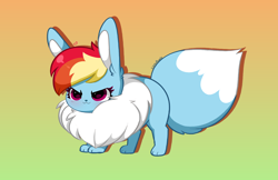 Size: 5856x3784 | Tagged: safe, artist:kittyrosie, part of a set, rainbow dash, eevee, g4, >:3, blushing, chest fluff, cute, cuteness overload, dashabetes, ear fluff, gradient background, kittyrosie is trying to murder us, open mouth, open smile, pokefied, pokémon, simple background, smiling, solo, species swap, sweet dreams fuel, weapons-grade cute