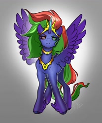 Size: 3395x4096 | Tagged: safe, artist:opalacorn, oc, oc only, oc:electra, alicorn, pony, crown, female, gradient background, gradient horn, gradient legs, heterochromia, horn, jewelry, leg feathers, mare, nightmare, nightmarified, peytral, regalia, solo, spread wings, wings