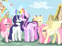 Size: 1280x967 | Tagged: safe, artist:jestersfinaldance, applejack, fluttershy, pinkie pie, rainbow dash, rarity, twilight sparkle, alicorn, earth pony, pegasus, pony, unicorn, g4, female, mane six, mare, ponyville, twilight sparkle (alicorn)