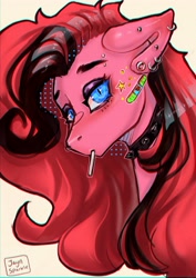 Size: 2894x4093 | Tagged: safe, artist:jaynsparkle, pinkie pie, earth pony, pony, g4, alternate hairstyle, bandaid, candy, choker, chromatic aberration, ear piercing, emo, eyebrow piercing, female, food, hair dye, lollipop, looking at you, nose piercing, nose ring, piercing, spiked choker