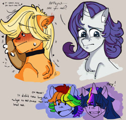 Size: 1280x1222 | Tagged: safe, artist:ariadsands, applejack, rainbow dash, rarity, twilight sparkle, earth pony, pegasus, pony, unicorn, g4, beige background, blushing, bust, chest fluff, ear fluff, female, hidden eyes, implied lesbian, implied shipping, implied twinkie, lesbian, mare, ship:rarijack, shipping, simple background, sweat