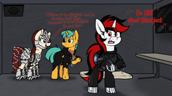 Size: 3296x1842 | Tagged: safe, artist:aaathebap, snails, oc, oc:blackjack, oc:rampage, cyborg, ghoul, pony, undead, unicorn, fallout equestria, fallout equestria: project horizons, g4, amputee, armor, cyber legs, cybernetic legs, fallout, fanfic art, figurine, funny, missing limb, swat, text