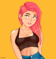 Size: 1024x1079 | Tagged: safe, alternate version, artist:noah-x3, oc, oc only, oc:neon flare, human, bare shoulders, clothes, female, humanized, humanized oc, midriff, pants, simple background, sleeveless, solo, tank top, top, yellow background