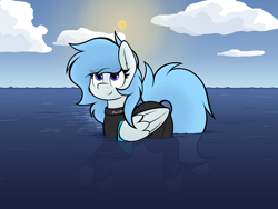Size: 3000x2250 | Tagged: safe, artist:aaathebap, oc, oc only, oc:coral streak, pegasus, pony, cute, eye clipping through hair, female, high res, mare, ocean, sky, smiling, solo, sun, swimming, water, wetsuit