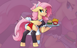 Size: 1865x1165 | Tagged: safe, artist:zpdea, fluttershy, pegasus, pony, g4, burger, butt, clothes, dock, female, floppy ears, fluttermaid, food, french fries, french maid, hamburger, i can't believe it's not yakovlev-vad, looking back, maid, mare, panties, plot, raised tail, rear view, skirt, solo, tail, tail aside, tray, underwear, upskirt, waitress, zoom layer