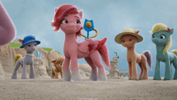 Size: 520x293 | Tagged: safe, screencap, dahlia, laraha blossom, mayflower, posey bloom, windy, earth pony, pegasus, pony, g5, my little pony: make your mark, my little pony: make your mark chapter 1, spoiler:my little pony: make your mark, angry, animated, female, gif, mare, sandcastle, trophy, unnamed character, unnamed pony