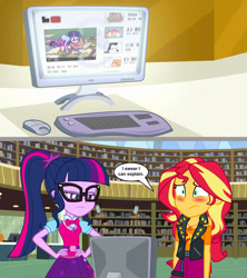Size: 2237x2524 | Tagged: safe, artist:silverbuller, edit, edited screencap, screencap, sci-twi, sunset shimmer, twilight sparkle, human, equestria girls, equestria girls specials, g4, my little pony equestria girls, my little pony equestria girls: better together, my little pony equestria girls: dance magic, my little pony equestria girls: forgotten friendship, blush sticker, blushing, comic, high res, humans doing horse things, sci-twi is not amused, sci-twi outfits, screencap comic, twilight sparkle is not amused, unamused