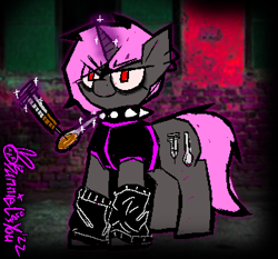 Size: 698x650 | Tagged: safe, artist:xxv4mp_g4z3rxx, oc, oc only, oc:ivy crystals, pony, unicorn, arm warmers, clothes, collar, drugs, female, heroin, magic, needle, photo, red eyes, solo, spiked collar, spoon, syringe