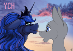 Size: 2360x1640 | Tagged: safe, artist:stirren, princess luna, oc, alicorn, pony, g4, bust, commission, duo, heart eyes, licking, mlem, nose licking, portrait, scenery, silly, sky, tongue out, wingding eyes, your character here