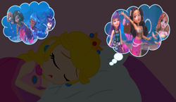 Size: 1239x720 | Tagged: safe, artist:user15432, artist:yaya54320bases, human, mermaid, equestria girls, g4, barely eqg related, base used, bed, bedroom, blanket, clothes, crossover, crown, dream, dream bubble, dress, ear piercing, earring, equestria girls style, equestria girls-ified, eyes closed, finly (mermaid high), jewelry, mari (mermaid high), mermaid high, mermay, night, oceanna (mermaid high), open mouth, piercing, pillow, pink dress, princess peach, regalia, searra (mermaid high), sleeping, super mario bros.