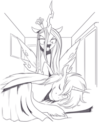 Size: 1371x1685 | Tagged: safe, artist:nauyaco, queen chrysalis, oc, oc:mark wells, alicorn, changeling, changeling queen, pony, fanfic:off the mark, g4, alicorn oc, female, horn, male, monochrome, stallion, wings