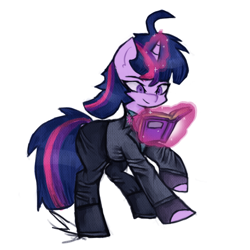 Size: 1200x1200 | Tagged: safe, artist:menalia, twilight sparkle, pony, unicorn, g4, book, boots, clothes, danganronpa, fingerless gloves, gloves, horn, magic, pants, shoes, simple background, solo, suit, white background