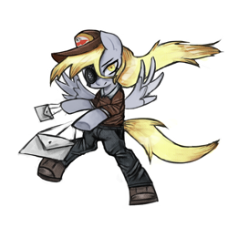 Size: 1200x1200 | Tagged: safe, artist:menalia, derpy hooves, pegasus, pony, g4, cap, clothes, danganronpa, eyepatch, hat, letter, mail, pants, shoes, simple background, solo, sweater, white background