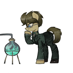 Size: 1200x1200 | Tagged: safe, artist:menalia, doctor whooves, time turner, earth pony, pony, g4, clothes, danganronpa, glasses, pants, shirt, shoes, simple background, solo, suit, thinking, white background