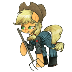 Size: 1200x1200 | Tagged: safe, artist:menalia, applejack, earth pony, pony, g4, boots, clothes, cowboy hat, danganronpa, farmer, hat, overalls, pants, pitchfork, shirt, shoes, simple background, solo, white background