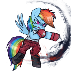 Size: 1200x1200 | Tagged: safe, artist:menalia, rainbow dash, pegasus, pony, g4, angry, boxing gloves, boxing shoes, clothes, danganronpa, pants, shoes, simple background, solo, white background