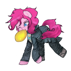 Size: 1200x1200 | Tagged: safe, artist:menalia, pinkie pie, earth pony, pony, g4, balloon, blowing up balloons, clothes, danganronpa, hoodie, one eye closed, pants, shoes, simple background, solo, white background