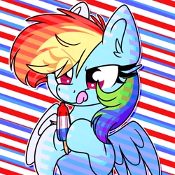 Size: 2160x2160 | Tagged: safe, artist:lbrcloud, rainbow dash, pegasus, pony, g4, abstract background, bomb pop, bust, eye clipping through hair, female, food, high res, ice cream, mare, popsicle, portrait, solo, striped background, tongue out