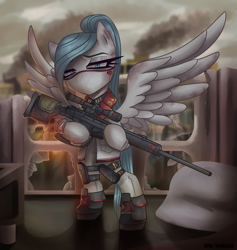 Size: 2304x2432 | Tagged: safe, artist:opal_radiance, oc, oc:opal rosamond, pegasus, pony, equestria at war mod, apocalypse, bipedal, blue, fallout, female, gun, high res, pax solaris, post war, safezone, sniper, solo, weapon