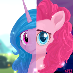 Size: 1080x1080 | Tagged: safe, artist:rily, izzy moonbow, pinkie pie, earth pony, pony, unicorn, g4, g5, chinese, day, g4 to g5, generation leap, laughing, night, smiling, stars, the new pinkie pie