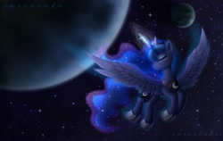Size: 1967x1243 | Tagged: safe, artist:carencake, princess luna, alicorn, pony, g4, eyes closed, female, mare, moon, motion blur, no mouth, planet, solo, space, spread wings, wings
