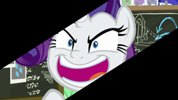 Size: 1280x720 | Tagged: safe, screencap, rarity, pony, unicorn, g4, season 9, sparkle's seven, close-up, evil smile, grin, open mouth, shrunken pupils, smiling, solo