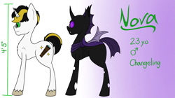 Size: 1203x675 | Tagged: safe, oc, oc:nova starchaser, changeling, disguise, disguised changeling, male, purple changeling, reference sheet, stallion