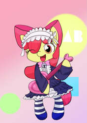 Size: 595x842 | Tagged: safe, artist:up_p_ab, apple bloom, earth pony, pony, g4, adorabloom, bell, bell collar, bipedal, clothes, collar, cute, eye clipping through hair, female, filly, foal, guitar, happy, heart, maid, musical instrument, one eye closed, simple background, socks, solo, stockings, striped socks, thigh highs, wink