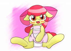 Size: 1024x736 | Tagged: safe, artist:up_p_ab, apple bloom, earth pony, pony, g4, apron, blushing, clothes, embarrassed, female, filly, foal, looking at you, panties, spread legs, spreading, underwear