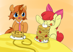 Size: 842x595 | Tagged: safe, artist:up_p_ab, apple bloom, oc, oc:eel, earth pony, pony, unicorn, g4, :p, adorabloom, cute, female, filly, foal, food, happy, herbivore, male, necktie, pancakes, stallion, strawberry, table, tongue out, whipped cream