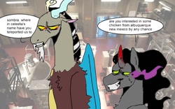 Size: 1019x636 | Tagged: dead source, safe, artist:ghoulhowls, discord, king sombra, draconequus, pony, unicorn, g4, breaking bad, dialogue, discord is not amused, drugs, grin, horn, laboratory, meth, smiling, teleportation, unamused