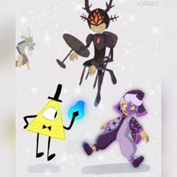 Size: 1080x1080 | Tagged: safe, discord, demon, draconequus, human, humanoid, robot, g4, spoiler:amphibia, spoiler:the owl house, amphibia, armor, bill cipher, blue fire, bowtie, chaos, cloak, clothes, collector (species), crossover, darcy (amphibia), digital art, fire, floating, gravity falls, grin, hat, horn, horns, male, marcy wu, signature, similarities, sitting, smiling, spoilers for another series, table, the collector, the core (amphibia), the owl house, top hat, triangle