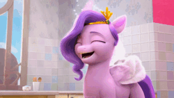Size: 520x293 | Tagged: safe, screencap, pipp petals, pegasus, pony, g5, my little pony: make your mark, my little pony: make your mark chapter 1, spoiler:my little pony: make your mark, adorapipp, animated, crown, cupcake, cute, eating, female, folded wings, food, gif, happy, jewelry, mare, open mouth, regalia, wings