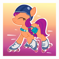 Size: 2000x2000 | Tagged: safe, artist:candy meow, sunny starscout, earth pony, pony, g4, g5, bag, cute, female, g5 to g4, generation leap, happy, helmet, high res, mare, pins, roller skates, saddle bag, solo, sunnybetes