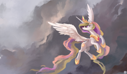 Size: 3910x2260 | Tagged: safe, alternate version, artist:ajvl, princess celestia, alicorn, pony, cloud, cloudy, crown, female, flying, frown, high res, hoof shoes, jewelry, lidded eyes, long mane, long tail, looking back, mare, peytral, princess shoes, regalia, sky, slim, solo, spread wings, tail, thin, tiara, wing fluff, wings